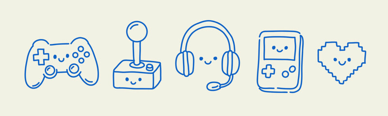 Hand drawn gaming doodle icon set with controller joystick headphone console and pixel heart © AhmadTriwahyuutomo