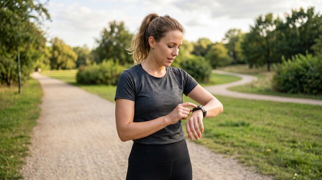 Mulher praticando esporte e olhando seu rel&oacute;gio, corredora