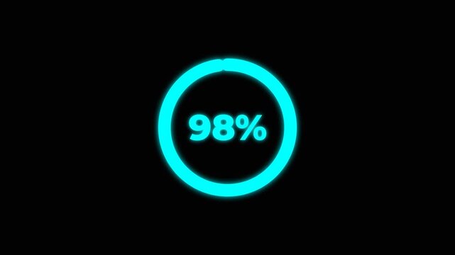 Glowing neon cyan 100 percent complete circular loading icon isolated on transparent background, futuristic cyberpunk progress bar vector