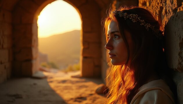 Woman with flower crown leans against stone wall at dawn. Soft golden sun shines through archway. She looks out pensively at distant hills. Warm light illuminates her hair.