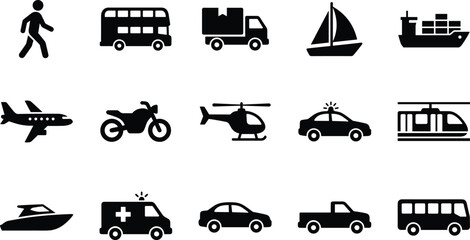Black Silhouette Transportation Icons Set Featuring Cars Bus Truck Airplane Helicopter Boat and Emergency Vehicles Collection © MdRobiul