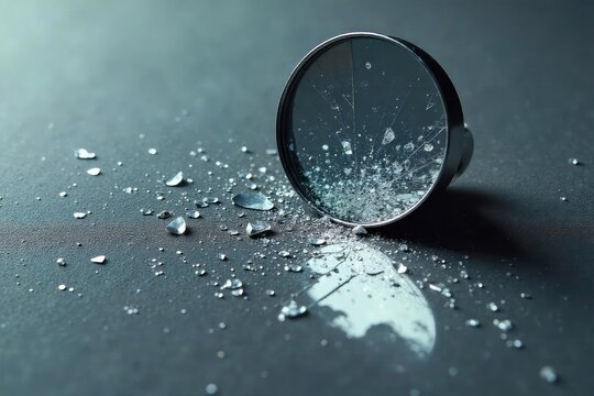 A shattered mirror reflects fractured light on a grey backdrop, symbolizing the destructive nature of violence and its lingering impact , dark, vulnerability