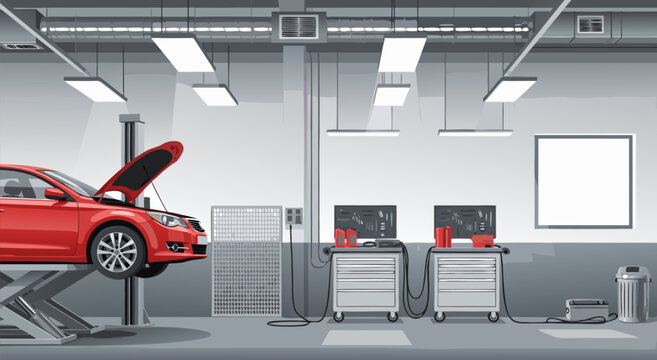 Vector illustration of a modern auto repair shop garage with a red car on a lift and diagnostic equipment