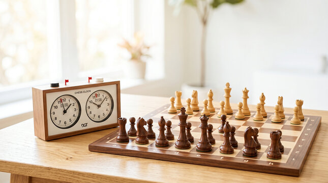 Chess clock next to wooden chessboard on table indoors for International Chess Day  