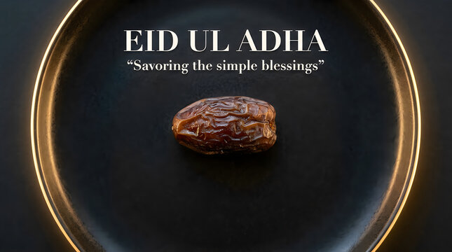 Single dried date fruit on black plate background for Eid ul Adha and Ramadan karem celebration with minimalist healthy nutrition theme for religious greeting card and wallpaper design