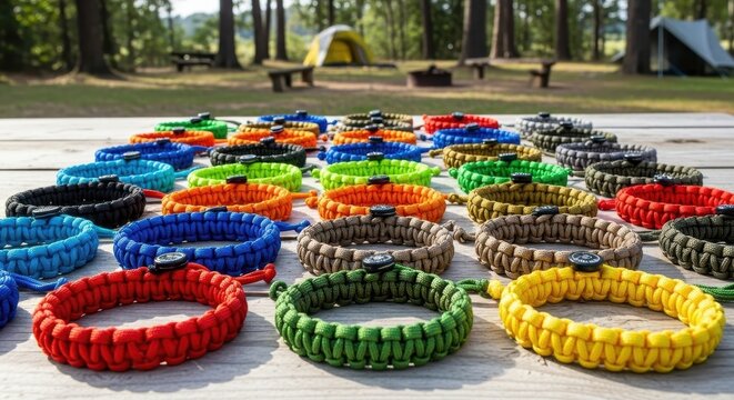 Colorful Paracord Bracelets Displayed Outdoors in Nature Setting