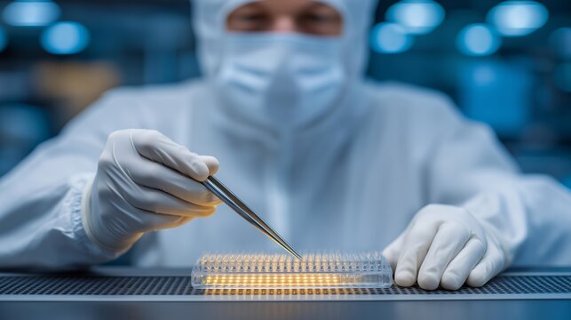 Cleanroom operator assembles a medical implant device under a laminar flow hood, sterile drape reflecting LED light, gloves holding precision forceps over a tray of tiny titanium screws, perfect