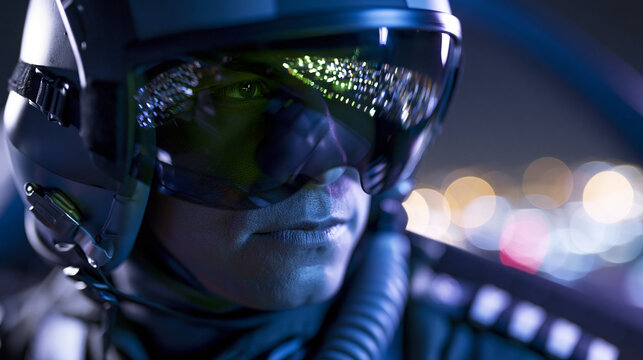 Person wearing futuristic helmet with reflective visor and colorful neon lights creating cyberpunk technology atmosphere.