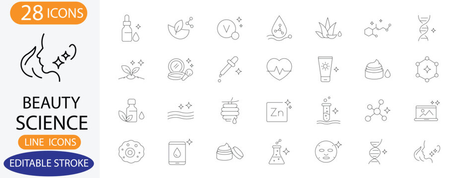 Skincare ingredient Icon set, Editable Stroke Line Icons for Skincare & Cosmetics.
