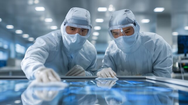 Cleanroom operators dressed in silver-tinted full-face respirators wipe down flat panel display substrates with lint-free cloths on a vibration-isolated table, blue electrostatic floor tiles