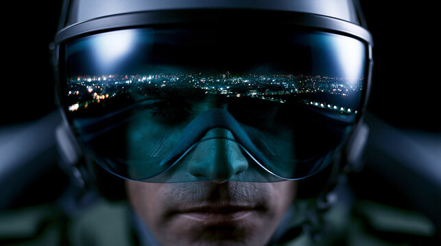 Person wearing futuristic virtual reality headset with reflective visor and neon city lights in cyberpunk atmosphere.