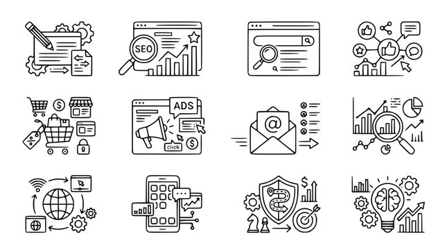 Digital marketing line icon set SEO content social media vector