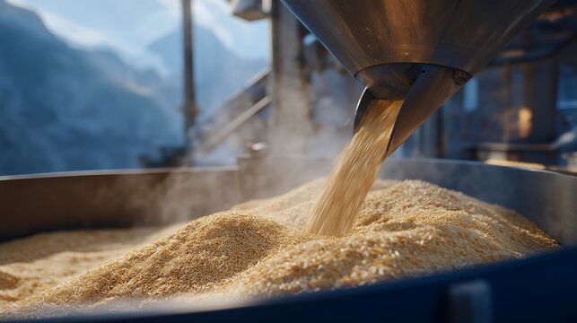 Bioplastic raw material &mdash; crushed sugarcane and corn starch &mdash; being poured into a heated industrial extruder, close-up of granules tumbling through a stainless funnel, steam rising gently, perfect