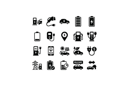 Electric vehicle and ev charging station black solid glyph icon set, eco green energy transport symbols vector