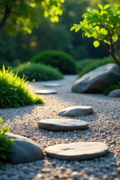 Serene zen garden scene, raked gravel, smooth stones, minimalist aesthetic, perfect for peace, tranquility, mindfulness, and meditation imagery , healthy, zen garden, oriental