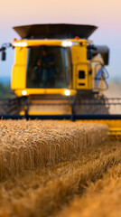Fototapeta premium Close-up of ripe golden wheat in a field with a combine harvester blurred in the background during harvest season.