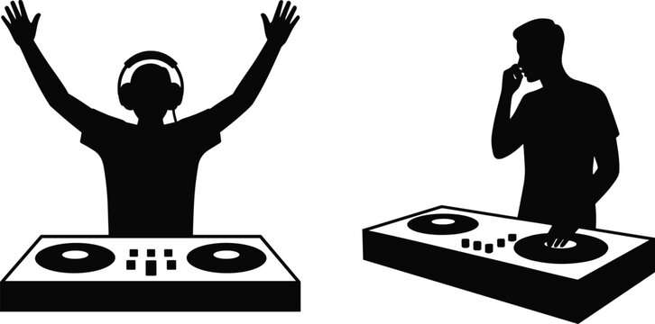 DJ silhouette performers mixing music on turntables with headphones for nightclub party entertainment and electronic dance event concept
