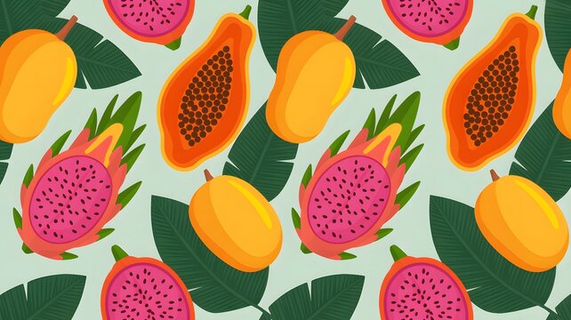 Seamless pattern with tropical fruits papaya and dragon fruit on light background.
