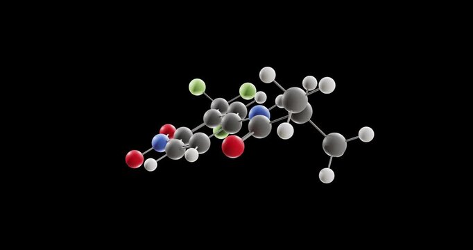 Flutamide molecule, rotating 3D model of nonsteroidal antiandrogen, looped video on a black background
