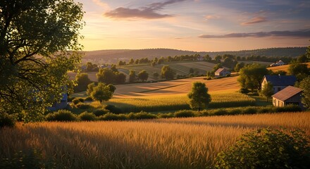 Obraz premium Idyllic rural landscape scene with golden fields trees and houses at sunset