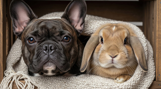French bulldog and rabbit snuggled together under a blanket in a wooden box with small animal, curled