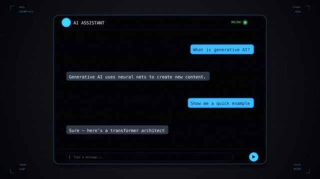 Electric blue AI chatbot interface with user and assistant message bubbles typing cursor and send button, LLM ChatGPT generative AI assistant mockup background, seamless loop animation