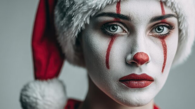 Woman with Clown Makeup and Santa Hat Looking Intensely at Camera