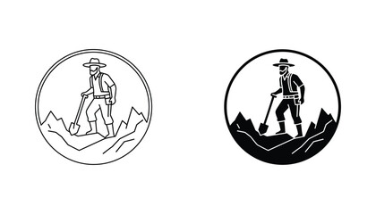 Prospector gold miner with shovel in mountain landscape icon set in circular frame for mining company branding and historical adventure themed graphic design assets in professional vector format © Align