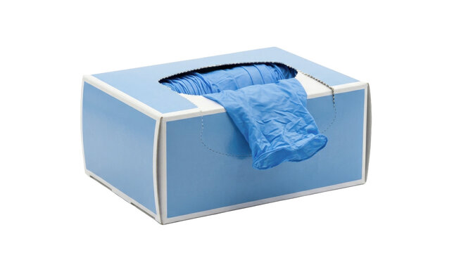 Blue nitrile disposable gloves in a cardboard dispenser box isolated on transparent background