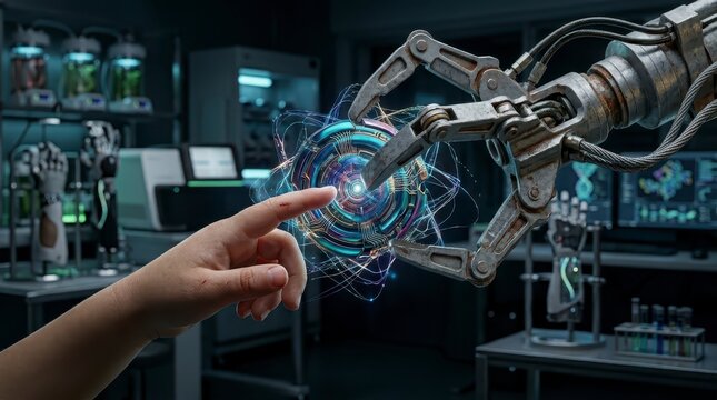 Human hand and robot arm connect with futuristic data sphere in lab