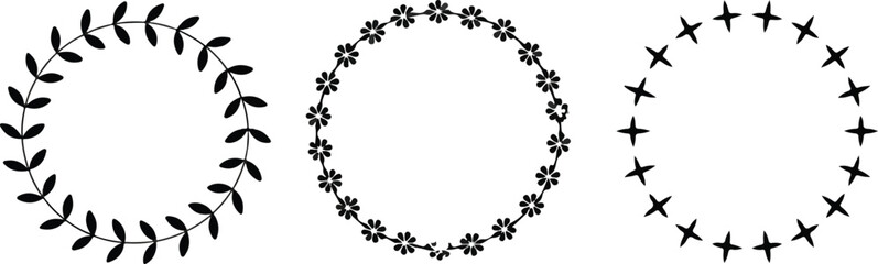 Fototapeta premium Minimalist floral wreath and laurel border vector illustration set in black and white style for elegant decorative frames design