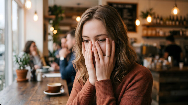 Young woman covering her face with hands in a cafe
