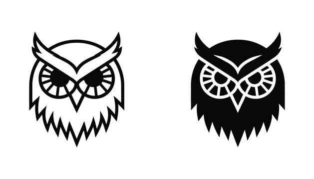 Stylized owl head icon set featuring sharp geometric features in line art and solid black fill for educational branding and wise mascot design or academic and library themed graphic projects