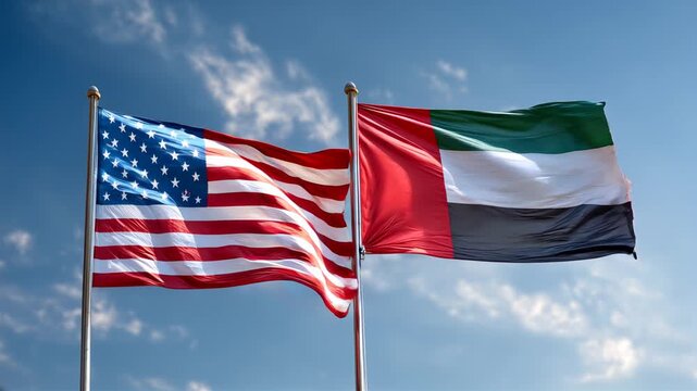 us flag waving next to uae flag in blue sky. relations usa and uae