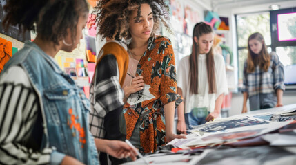 Obraz premium A group of fashion students in a classroom surrounded by mood boards and sketches. One student is using a fabric swatch made from upcycled denim reflecting the influence of