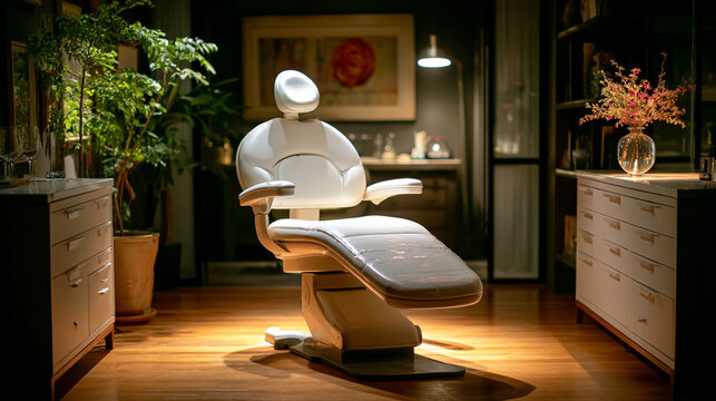 Empty modern white dental chair in a comforting and relaxing upscale clinic room