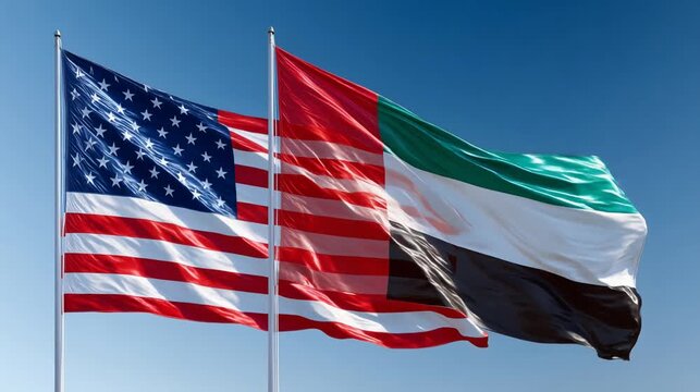 us flag waving next to uae flag in blue sky. relations usa and uae