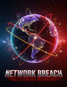 Global network breach illustration with earth and orbiting lights data breach cyber attack information sec