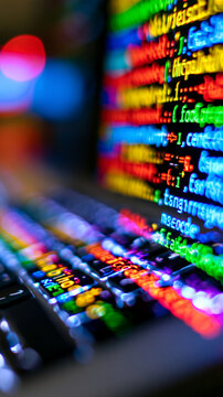 Close-up of colorful programming code on a screen with shallow depth of field and blurred laptop keyboard.