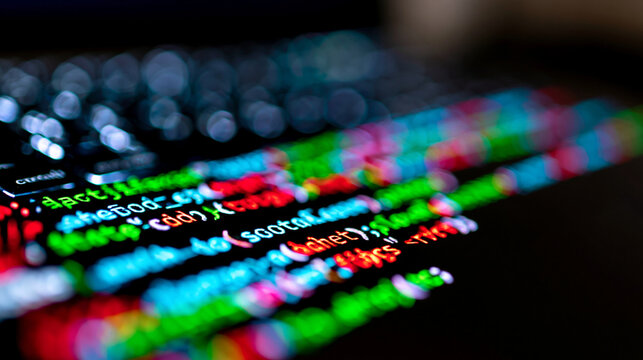 Close-up of colorful programming code on a screen with shallow depth of field and blurred laptop keyboard.