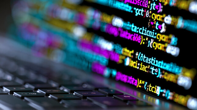 Abstract close-up of colorful programming code on a computer screen with a blurred laptop keyboard in the foreground.