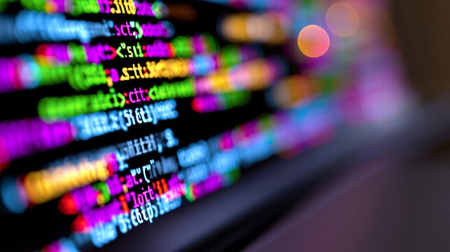 Abstract close-up of colorful programming code on a computer screen with a blurred laptop keyboard in the foreground.