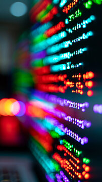 Abstract close-up of colorful programming code on a computer screen with a blurred laptop keyboard in the foreground.