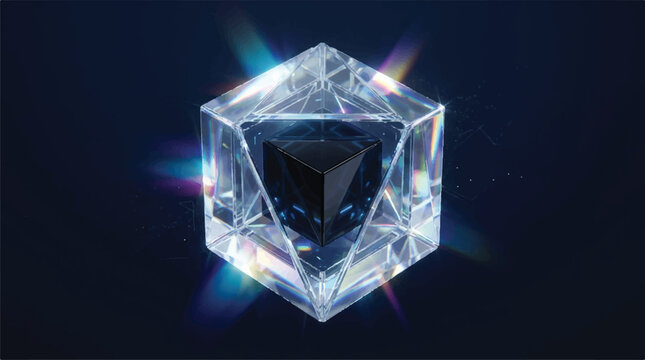 Abstract, technology, background, with, glowing, glass, prism, cube, light, refraction, rainbow, crystal, core, quantum, computing, cyber, processor, intelligence, data, concept,