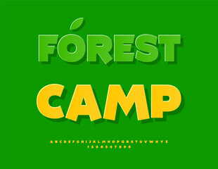 Naklejka premium Vector Seasonal Advertisement Forest Camp. Sunny Yellow Font. Summer style Alphabet Letters and Numbers set.