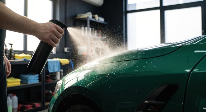 Detailing spray mist on emerald green car fender