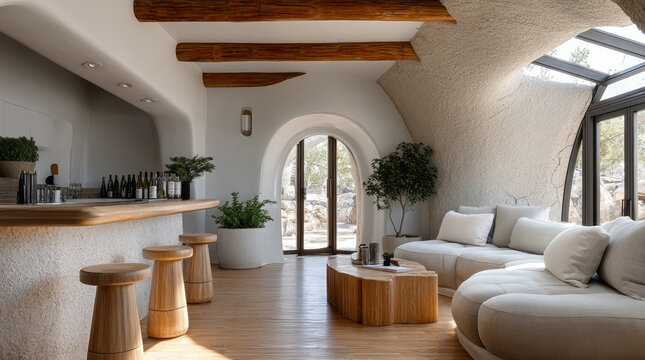 Modern earth home interior with curved walls, wooden beams, natural light, cozy sofa, bar area, and indoor plants create welcoming atmosphere