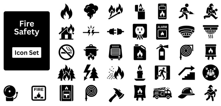 Silhouette vector of Fire Safety icon set. Fire Safety silhouette icon set. Fire safety icons collection. hard hat, first aid, fire extinguisher, biohazard, radiation, and emergency exit