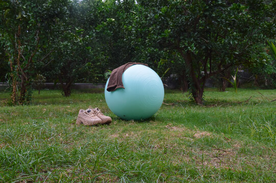 Looking from a front-left angle, a large teal gym ball with a white towel on it is positioned on green grass next to clean brown cream running sneakers in an orchard.