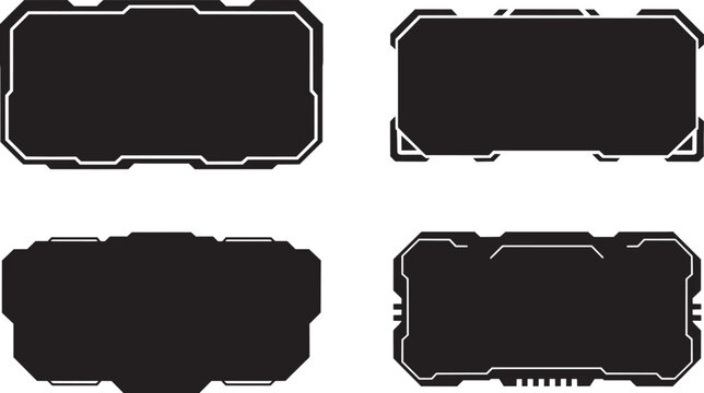 Futuristic sci-fi frames or banners with geometric outlines and solid black fill and digital, frame, and banner icons set in outline style